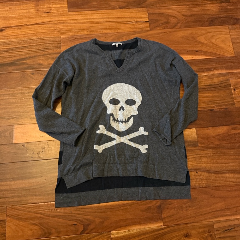 Lisa Todd Split Neck Cotton Cashmere Skull Striped Sweater Gray Black S - Picture 3 of 6